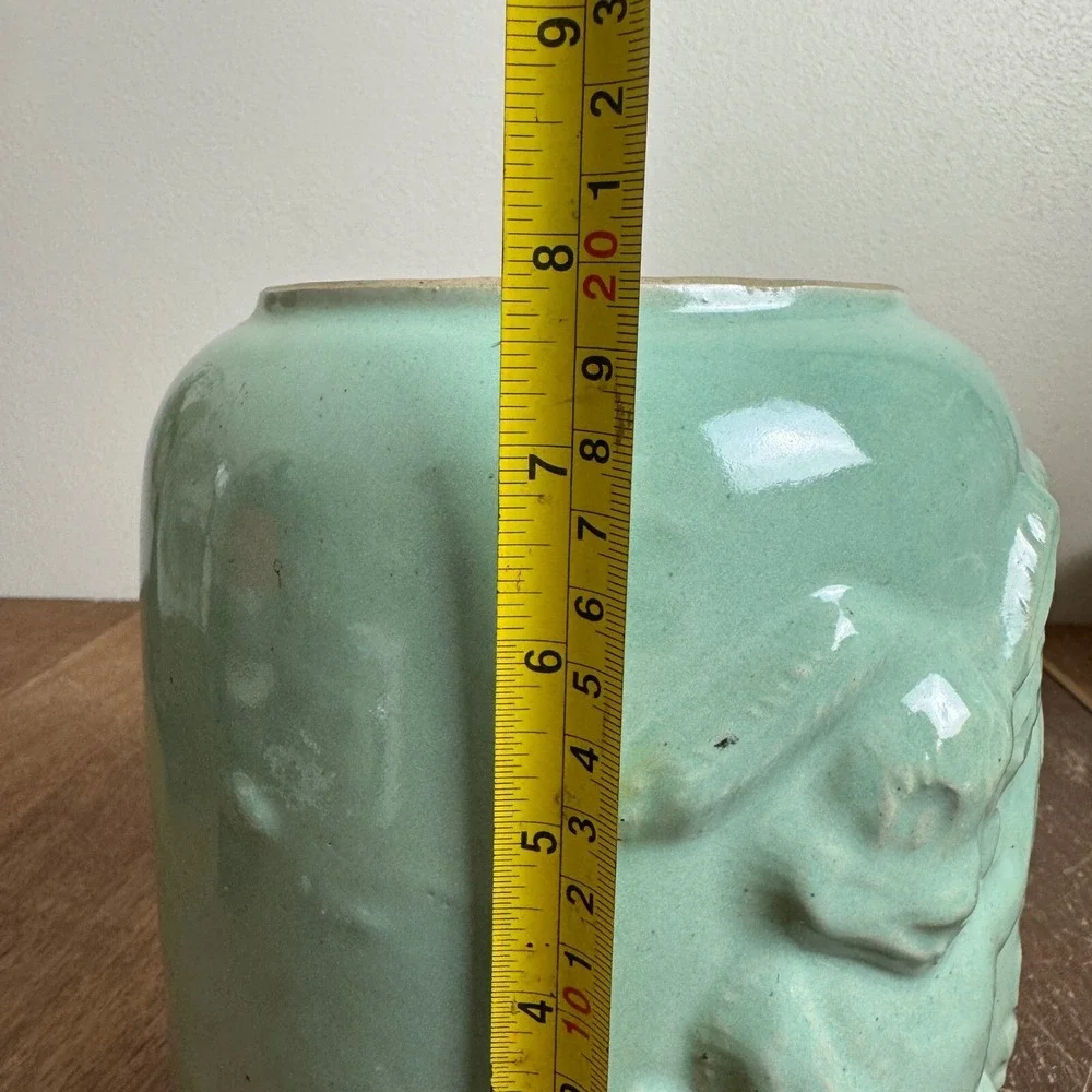 Vintage Mint Green Glazed Cookie Jar with Rabbit & Carrot NO LID farmhouse decor